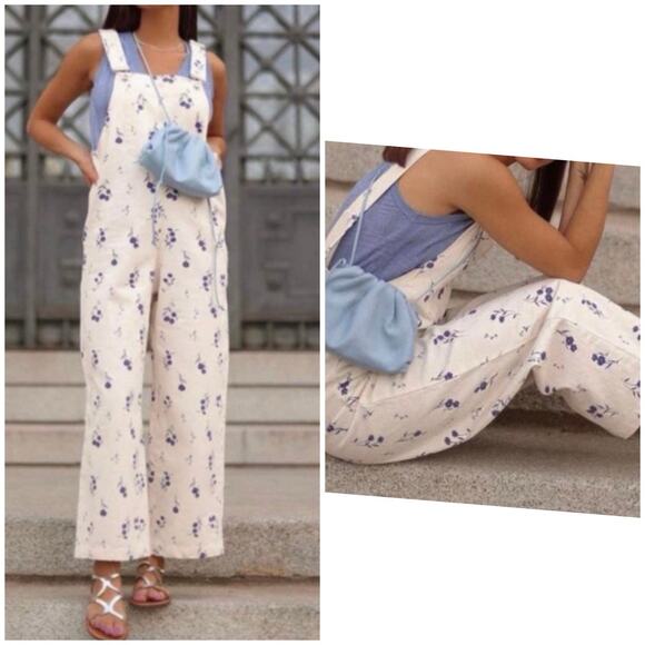 ZARA Floral Denim Overalls Size S Jumpsuit Cream Blue Cottagecore Wide Leg NWT - Picture 10 of 12